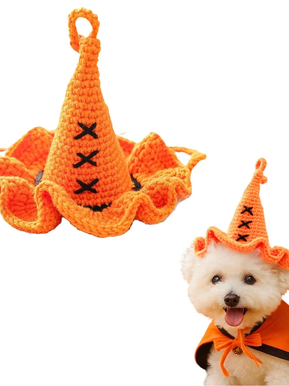 Orange Crochet Witch Hat Dog Costume - Pet Halloween Accessory New!